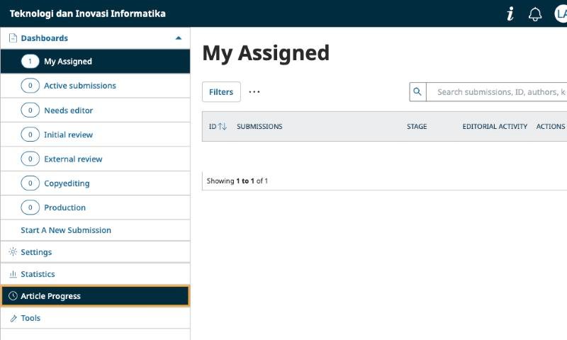 Menu Article Progress di sidebar dashboard OJS
